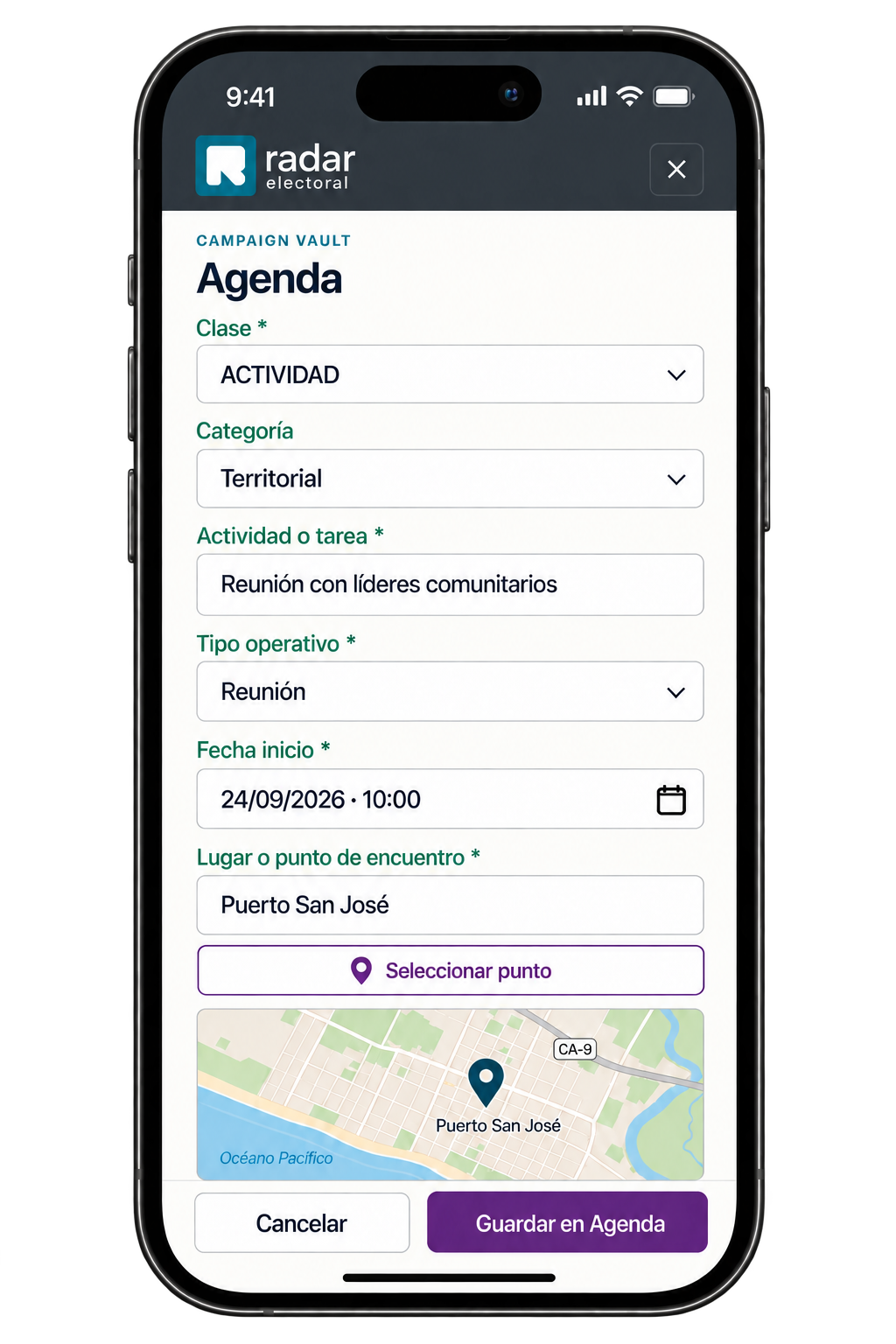Celular mostrando la agenda móvil real de RADAR